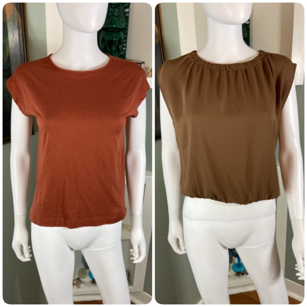 Bundle 2 LOFT Brown Rust Blouse Sleeveless Top Tee T Shirt XSmall XS bubble hem